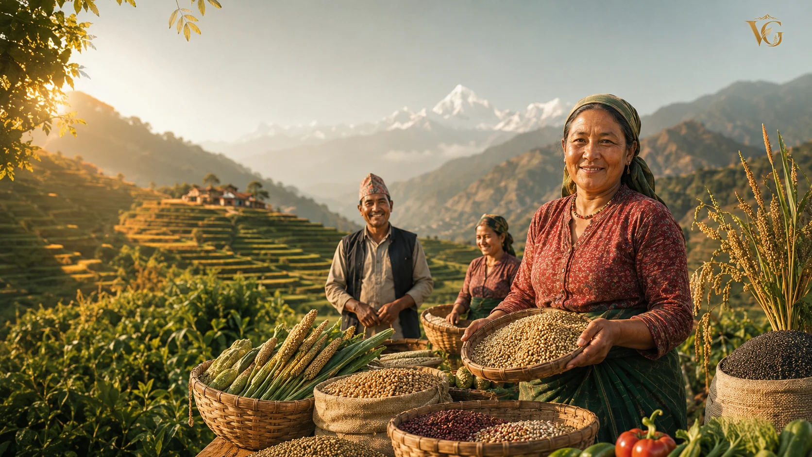 Farmers presenting locally grown grains and produce in Nepal